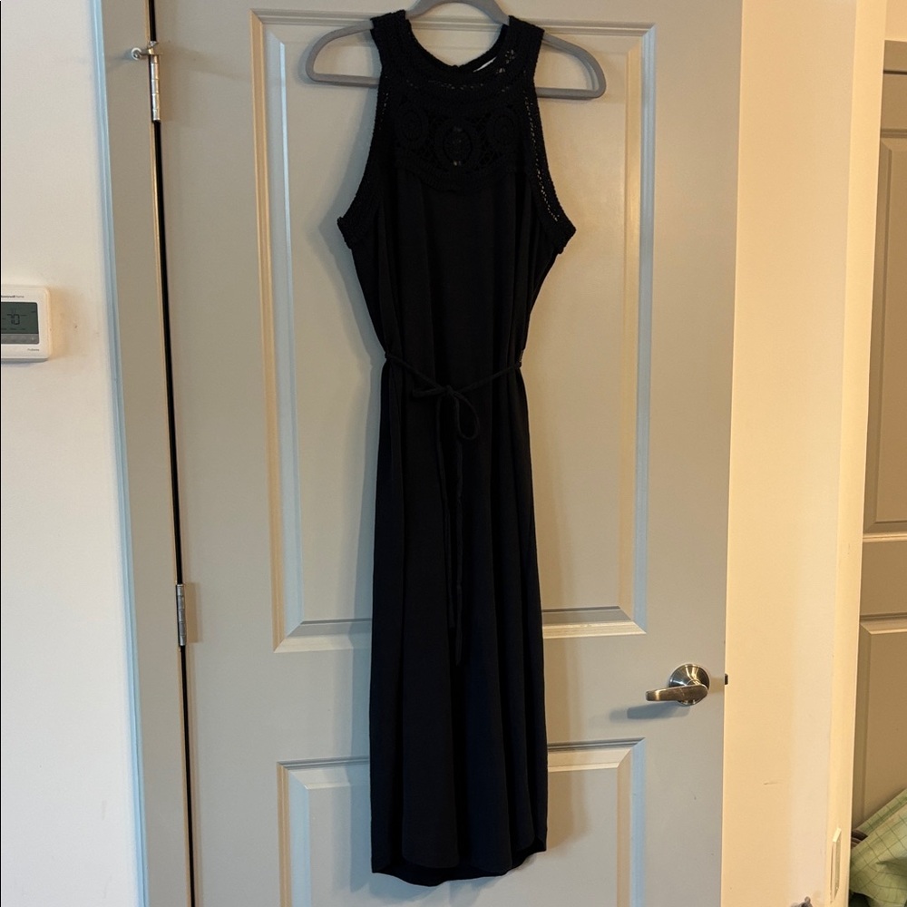 LOFT Black Midi Dress with Lace Detail